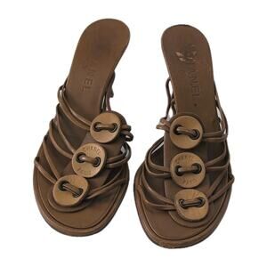 Auth Chanel‎ Brown Leather Strappy Slides Heels Mules Sandals Spellout Size 37